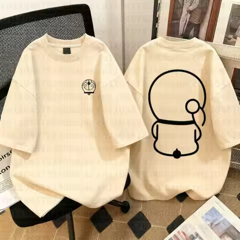 2026 Summer Doraemon Oversized T-shirt Unisex 100% Cotton Aesthetic Cute Cartoon Line Art Print Casu