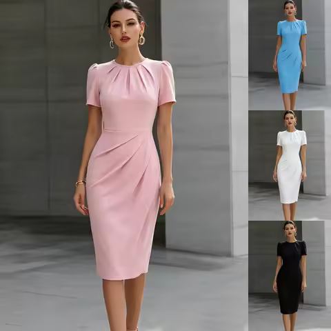 Best Seller Summer Elegant Business Dress, Round Neck, Pleated Waist, Cinched Waist, Simple Half Sle