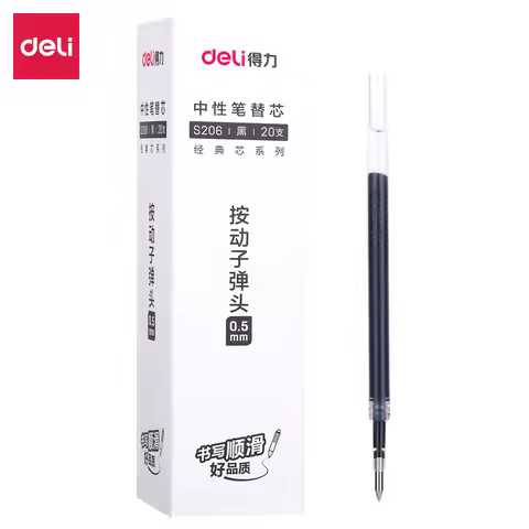 20PCS/BOX Deli S206 0.5mm Spring Head Press Type Bullet Head Gel Pen Refill Black Blue Red Dark Blue