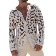Mens Knitted Mesh Shirt Lapel Long-Sleeved Casual Top Solid Color Button Down Hollowed Out Shirt for