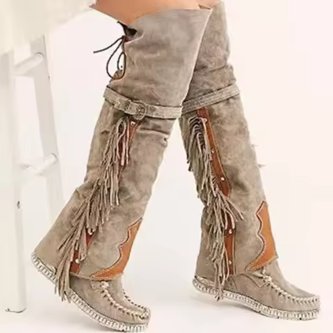 Fashion Bohemia Knee-length Women Boots Ethnic Personality High Boots Tassels Faux Suede Boots Girl 