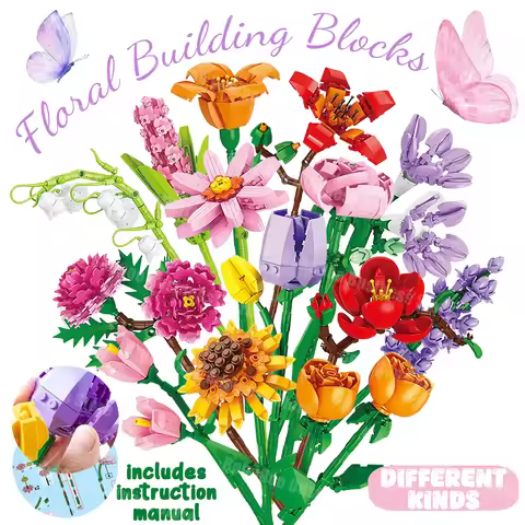 12-60Packs Flower Building Block Artificial Flower Botanical Collection Block Kit for Birthday Valen