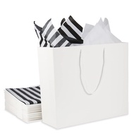 HRUISE White Gift Bag with Tissue Paper 12 Pack - Large Paper Bags with Handles, 250GMS Heavy Duty K