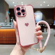1 ชิ้น เคสโทรศัพท์ TPU สีชมพู ลายหัวใจ ชุบไฟฟ้าเงา พร้อมสายคล้องเข้าชุด, มีขอบกันกระแทกกล้อง, กันกระ