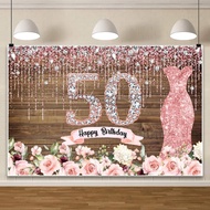 5x3ft Happy 50th Birthday Photography Backdrop Rustic Pink Flowers Rose Gold Glitter Bokeh Spots Dia