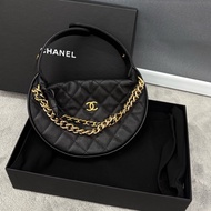 CHANEL香奈兒 24S 呼啦圈蝴蝶結魚子醬牛皮月牙包 迷你黑色 芯片款