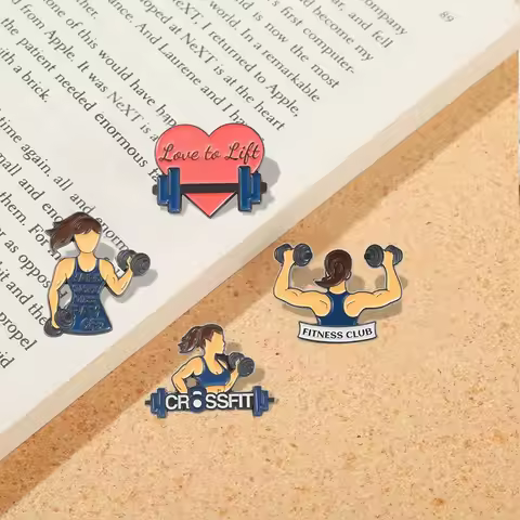 Sports Fitness Enamel Pins Custom Girls Barbell Vest Line Fitness Club Brooch Lapel Shirt Bag Badge 
