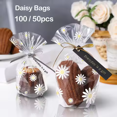 100/50Pcs Daisy Candy Cookie Bags Transparent Daisy Flower Biscuit Baking Packaging Bag Wedding Birt