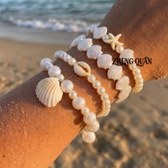 4 Pcs Mermaid Core Ocean Beaded Bracelet Set Shell Starfish & Pearl Stretch Bracelets for Women