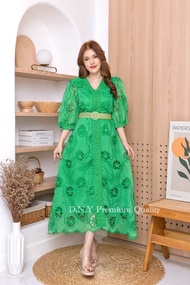 Maxi Dress เนื้อผ้าแก้วฉลุลายปักดอกช่วงคอแต่งคอวี  L-4XL มี5สี ชุดใส่ทำบุญ ลูกไม้สีขาว ชุดขาว เดรสขา