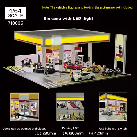 For G-Fans 1:64 with LED Assemble Diorama Model Car Parking Garage Gas Station Scene Model