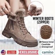 CAMINO Cowhide Suede Snow Shoes Women  Shoes Winter Boots Wool Fleece Winter Comfort Wear Zipper Wom