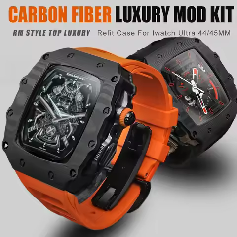 RM STYLE Carbon Fiber Modification Kit For Apple Watch Case 9 8 7 6 5 4 SE Fluororubber Sports Band 