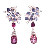 ต่างหูพลอยแท้ โทปาส สีชมพู 7 x 9 mm. และ ไอโอไลท์ ทัวร์มาลีน เพชร-cz เงินแท้ 925 ชุบนาค (rose gold)