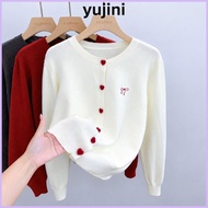YUJINI Knit Cardigan, Solid Color Bow Embroidery Women Cardigan, Heart-shaped Button Women Sweater