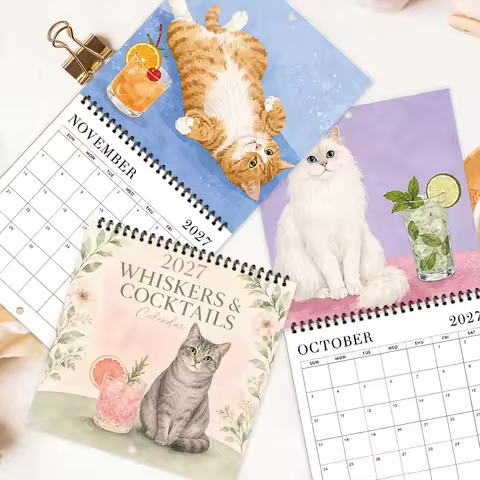 1pc 2027 Wall Calendar, Watercolor Cat Drinks Theme, 12-month Monthly Planner, Perfect Gift For Birt
