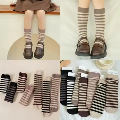 Wool Kids Sock for Girls Fashion Beige Coffee Color Striped Calf Sock for Toddler Spring Autumn Soft