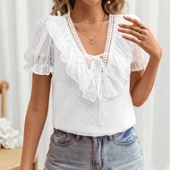 ผู้หญิงชีฟองลูกไม้ขึ้นริบบิ้น Tea Party Ruffle Hem เสื้อสะบัดสำหรับสีขาวงานแต่งงานสีขาวอย่างเป็นทางก
