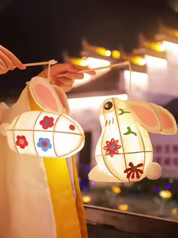 Handheld DIY Lantern Rabbit Lantern Glowing Wooden Material Traditional Chinese Mid-Autumn Festival 