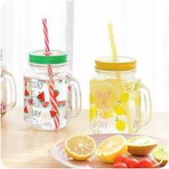 ✘ஐ✥【 MC Mart】500ml New Picks Korean Colorful Mason Glass Jar With Reusable Straw Bottle Glass Emboss