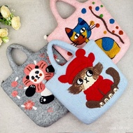 Cat Cartoon Wool Felt Handmade Literary Handbag Cherry Blossom Fresh Cute Heavy Industry Panda Large