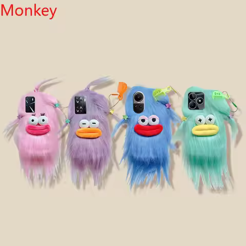 3D Korean Funny Fluffy Plush Monster Case For OPPO Reno 11 10 8 7 6 5 4 2 11F 8Z 7Z 6Z 2Z 8T A36 A76
