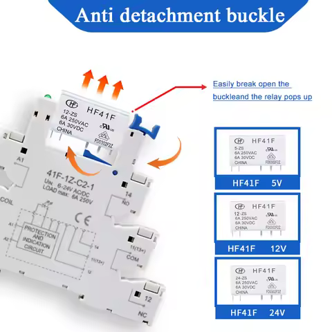 10PCS DIN Rail Relay Module HF 41F Slim Relay With LED 6A 5V 12V 24V 41F-5-ZS 41F-12-ZS 41F-24-ZS Hi
