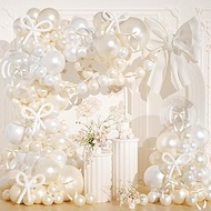 Bow Balloon Arch Kit, JOGAMS 178Pcs Pearl White Balloon Arch Kit with 260 Clear Balloons Beige Ribbo