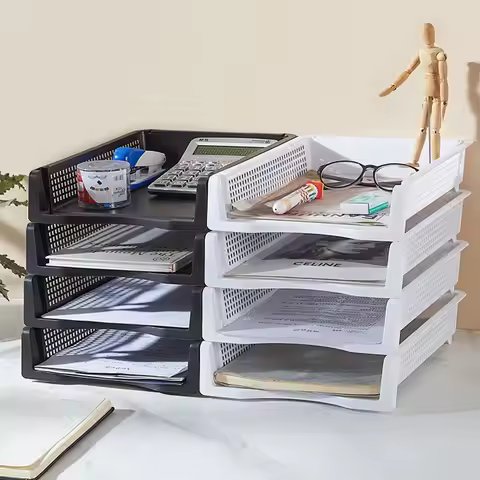 File Box Desktop A4 Document Organizer Stackable Laminated Plastic Papers Rack Storage Tray for Home