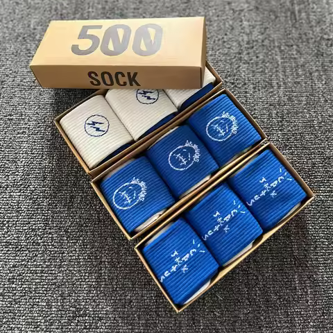 3 pairs of gift box hip-hop style skateboard socks for men, white/blue/pure cotton outdoor socks for