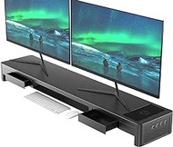 STARVIKY Dual Monitor Stand Riser with Drawers and Audio,4 USB Ports and Charging Pad, Metal Monitor Stand with Storage for 2 Monitors, Desk Monitor Stand for Office, Laptop, PC, iMac up to 32 Inches