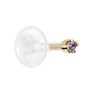 Body Candy 14k Yellow Gold June 1.5mm CZ Bioplast Push in Labret Monroe 16 Gauge 1/4"