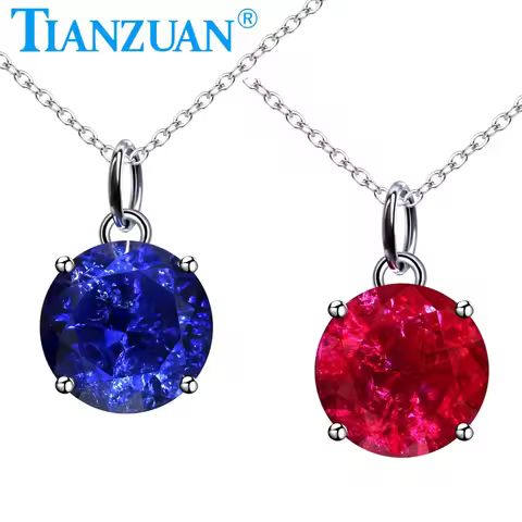 Fashion Round Shape Pendant 9mm Lab Grown Ruby and Sapphire 925 Silver Necklace Pendant Jewelry for 