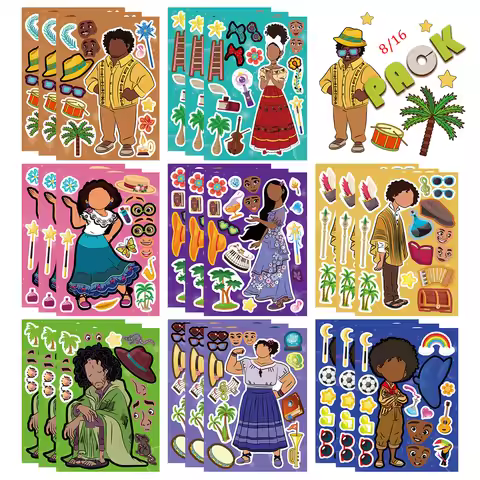 8/16sheets Disney Anime Encanto Puzzle Stickers Make A Face Funny Children Game Decals Assemble Jigs