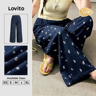 (New Arrival) Lovito Casual Pants Flowers Leisure Spring/summer Navy Blue Pants for Women PTK9P1D688