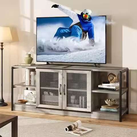 Farmhouse TV Stand , Entertainment Center with Storage Cabinet and Mesh Doors, Industrial TV Media C