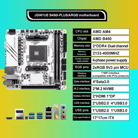 JGINYUE AMD AM4 ITX Motherboard supports Ryzen R3 R5 R7 1/2/3/4/5 series CPU DDR4 RAM Desktop PC PCI