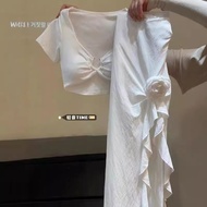 Hot Girl Pure Desire Hollow T-shirt Navel Top Suit Women Summer High Waist Irregular Flower Slit Hal