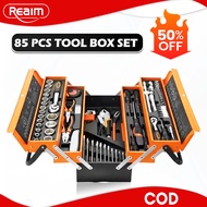 REAIM Tool Box Set 85pcs Heavy Duty Storage Cantilever Metal ToolBox Set Socket Set 1/4&1/2 Spanner 