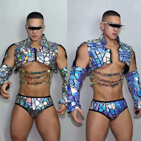 Nightclub Bar DJ Gogo Dancer Outfit Muscle Man Gogo Dancer Costume Men'S Mirrors Pole Dance Clothing