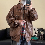 [Stok Berkualiti Tinggi] Jaket Kulit Motosikal Retro Coklat Amerika untuk Lelaki, Jaket Pengebom Mus