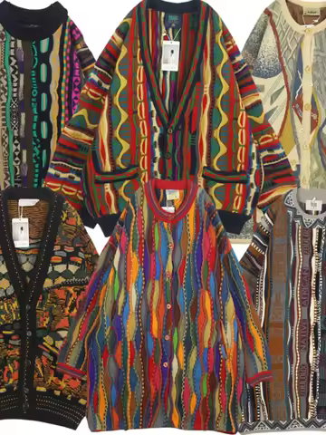 Vintage Streetwear Wool Sweater COOGI Bitter Gourd Pattern round Ne Women's Knitwear Retro Hip Hop S