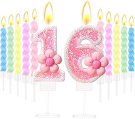 Pink Glitter Number 16 Birthday Candle with Pink Flower Design Birthday Candles for Cake 10 Pcs Spir