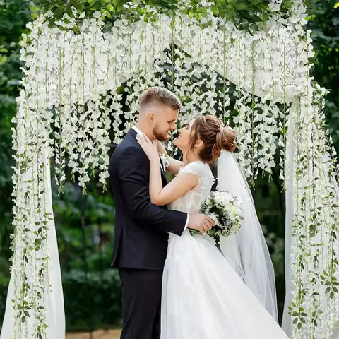 Artificial Wisteria Vine Garland - 40 Branches, 6 Feet, Silk Hanging White Wisteria Flowers for Wedd