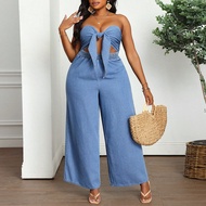 Plus Size Women Blue Denim Jumpsuit, Casual Vacation Strapless Long Pants Summer Summer Outfits For 