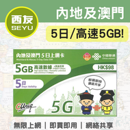 中國聯通 - 【內地及澳門】5日 5GB 5G/4G 無限上網卡 上網咭 sim咭