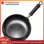 【winnereco】Uncoated Iron Pan with Wooden Handle Frying Pan Flat Bottom Iron Pot for Indoor and Outdo