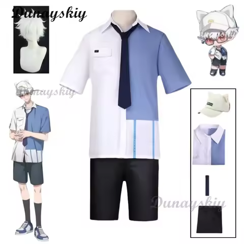 Anime Link Click Lucas Blue Shirt Pant Hat Cosplay Costume White Short Wig Lu Guang Full Set Daily C