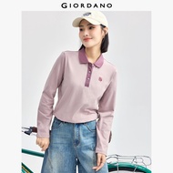 GIORDANO Women Polo Shirts 100% Cotton Clover Embroidery Polo Shirts Contrasting Long Sleeve Fashion