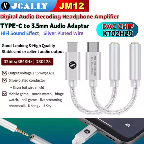JCALLY JM12 Type-C to 3.5mm DAC Chip KT02H20 DSD128 Digital Audio Decoding Headphone Amplifier HiFi 